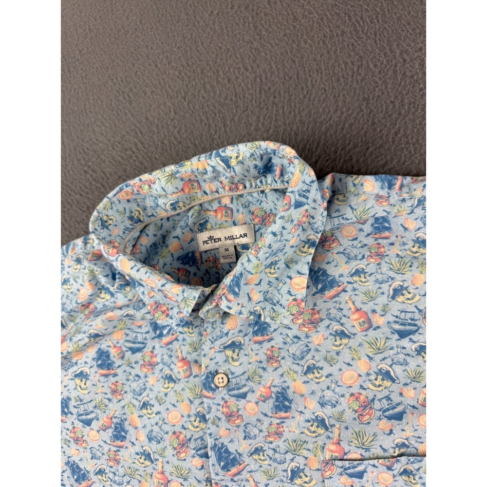 Peter Millar Shirt Mens M Blue Shipfaced AOP Rum Pirate Captain Skeleton Aquatic